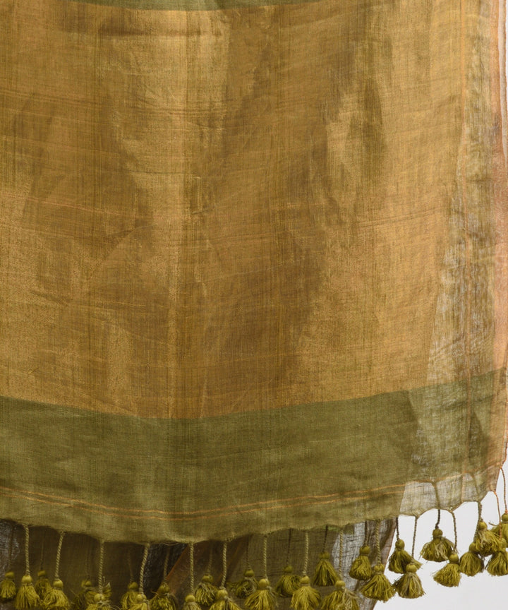 Pickle green handloom linen sequin bengal saree