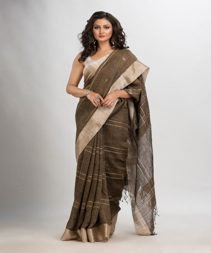 Brown hand loom bengal linen saree