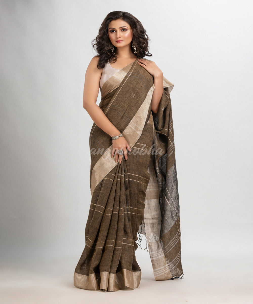 Brown hand loom bengal linen saree
