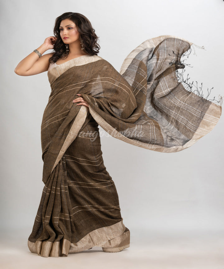 Brown hand loom bengal linen saree