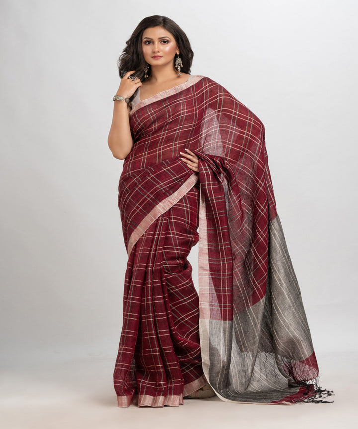 Maroon grey handloom bengal linen saree