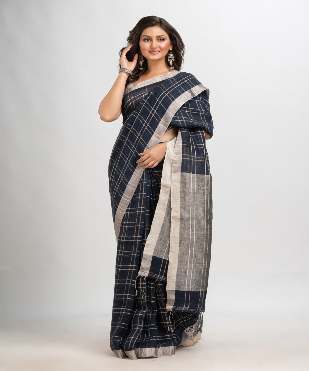 Navy blue handloom bengal linen saree