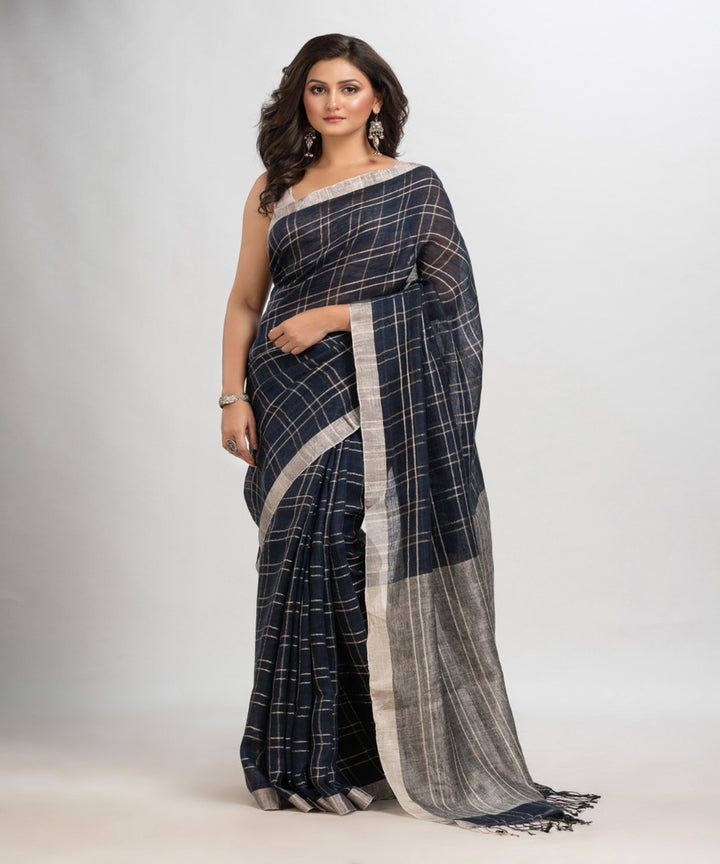 Navy blue handloom linen with silver zari bengal saree