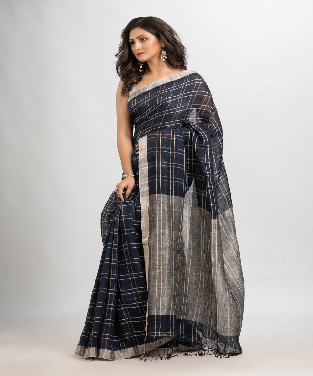 Navy blue handloom bengal linen saree