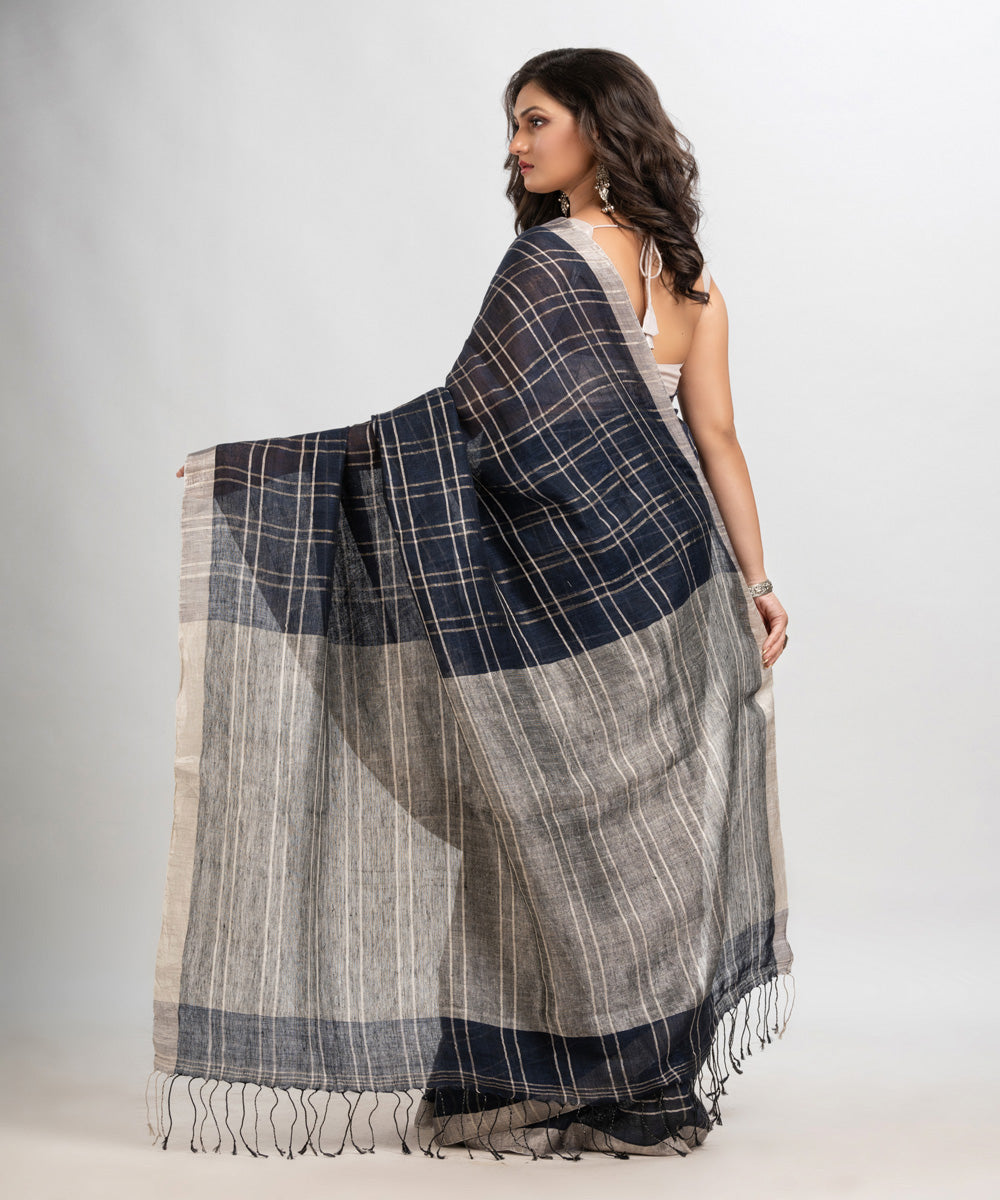 Navy blue handloom bengal linen saree
