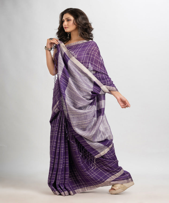 Violet handwoven linen zari border and pallu bengal saree