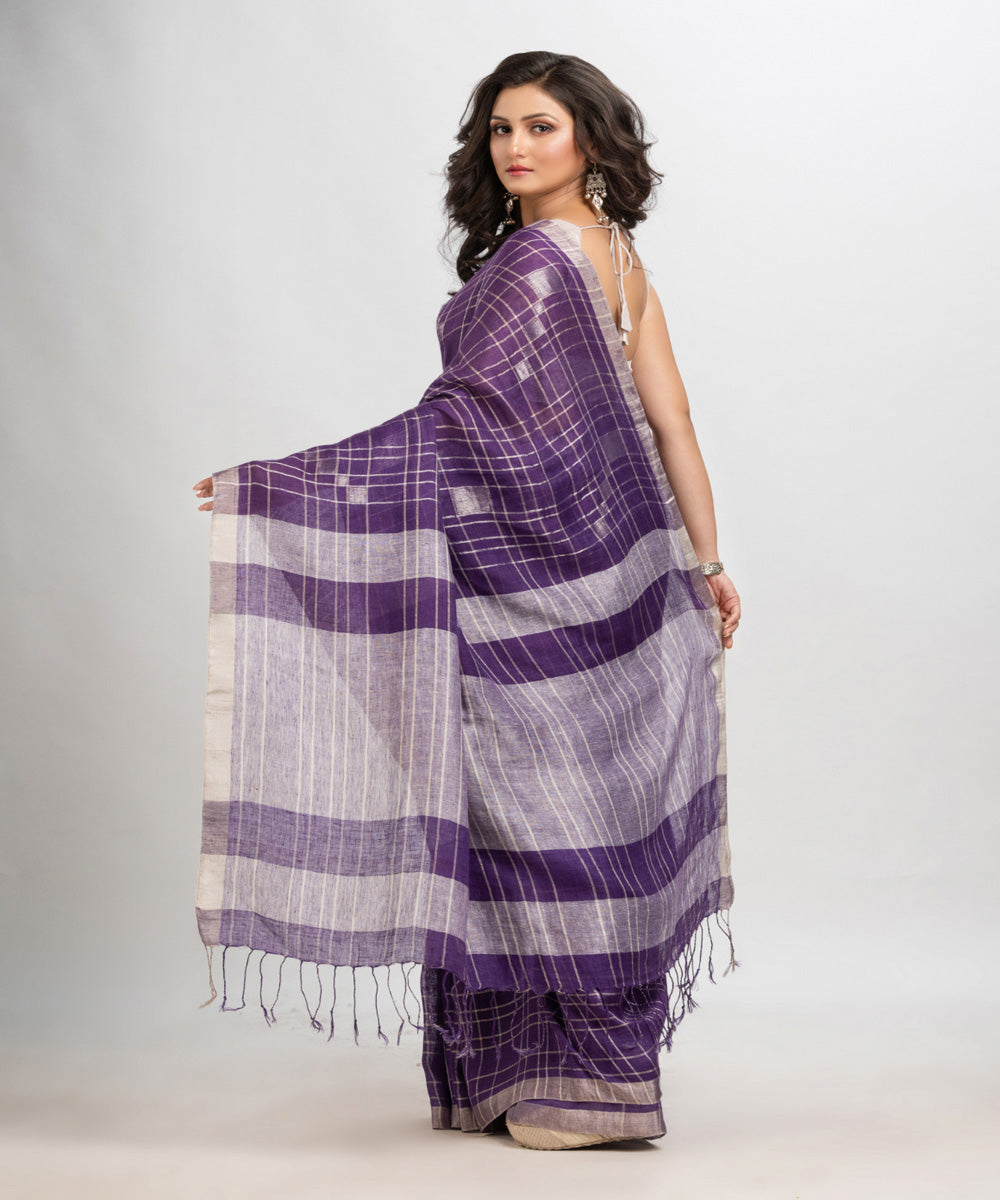 Violet handwoven linen zari border and pallu bengal saree