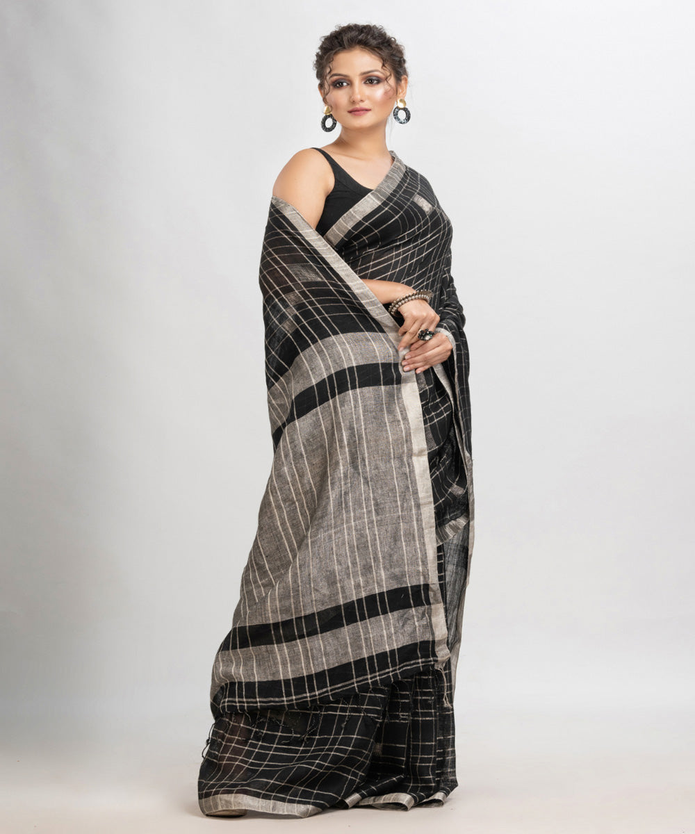 Black handwoven linen zari border and pallu bengal saree