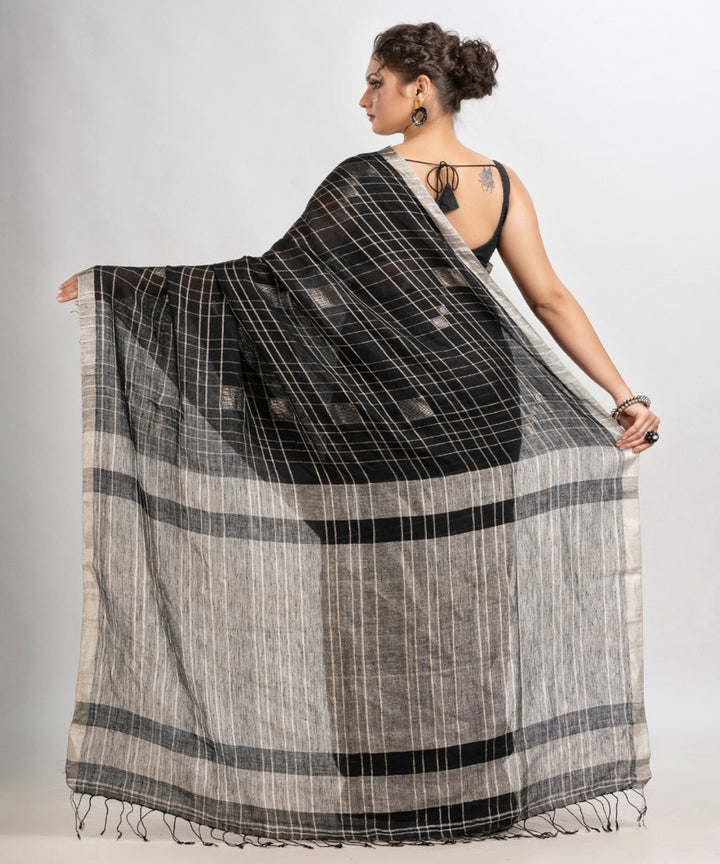 Black handwoven linen zari border and pallu bengal saree