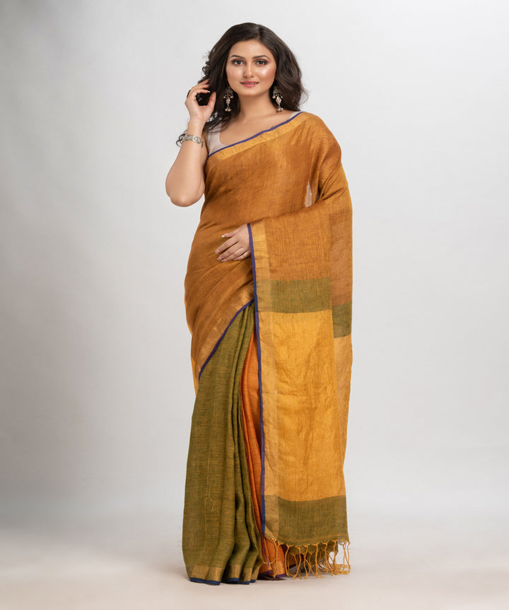 Golden green handloom bengal linen saree