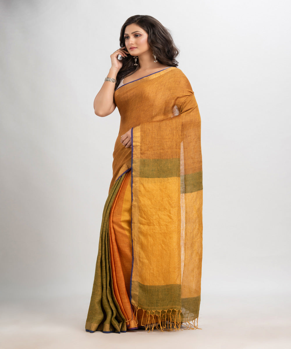 Golden green handloom bengal linen saree