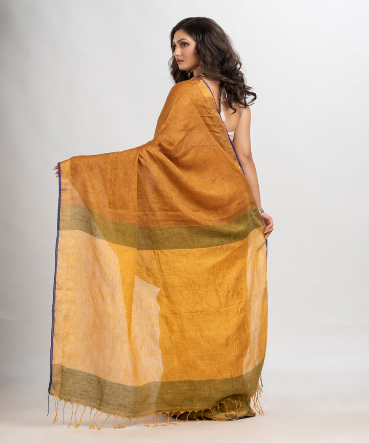 Golden green handloom bengal linen saree