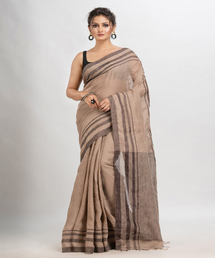 Beige handloom bengal linen saree