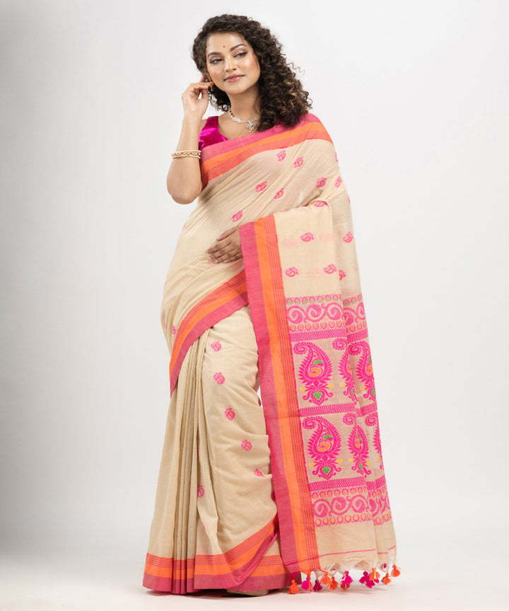 Beige pink orange cotton handloom jacquard saree