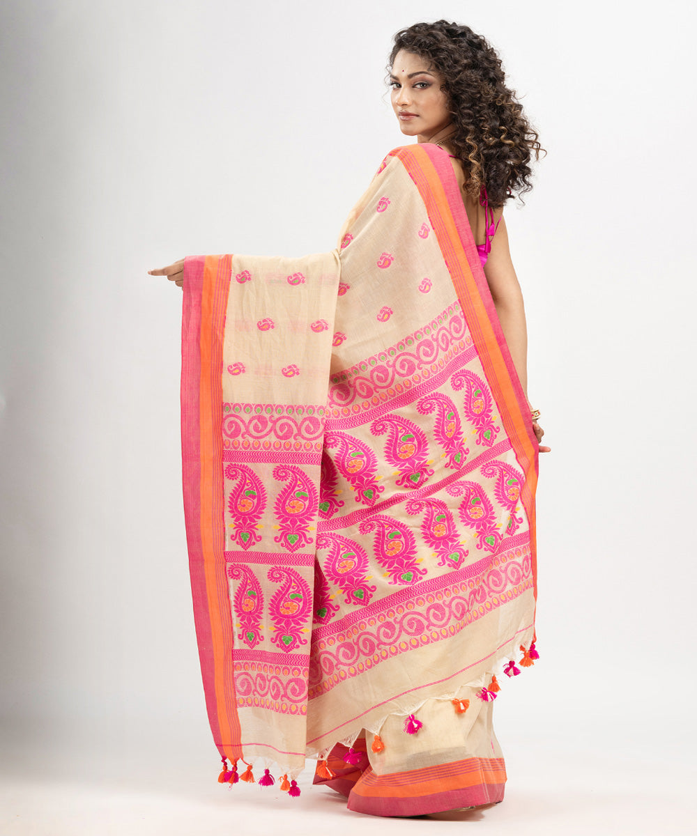 Beige pink orange cotton handloom jacquard saree