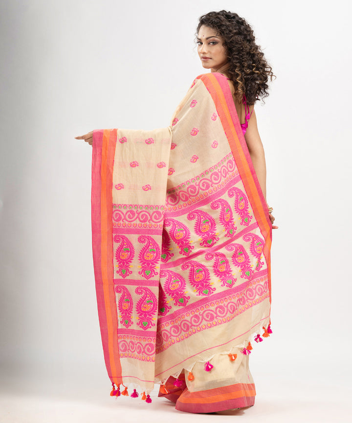 Beige pink orange cotton handloom jacquard saree