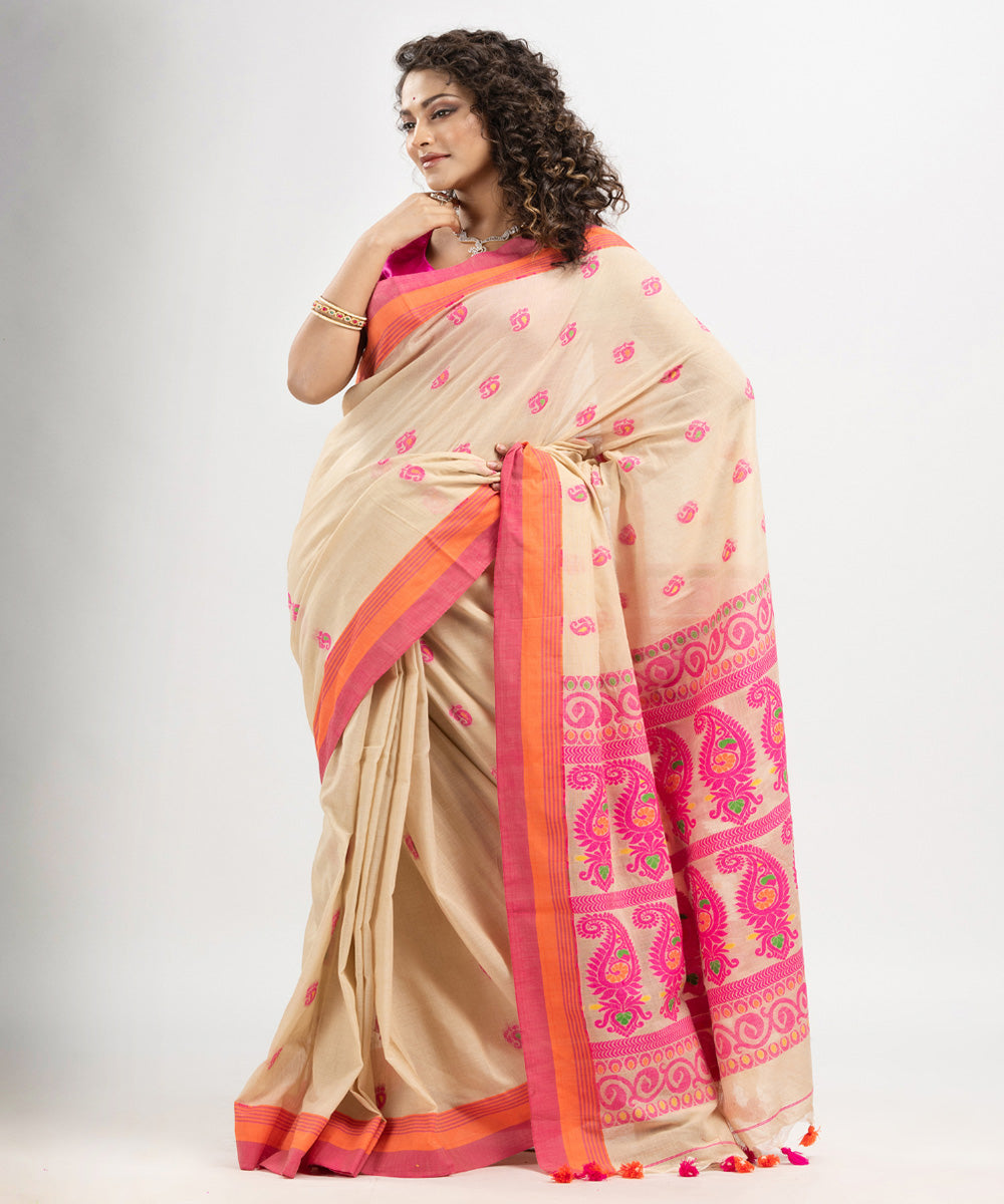 Beige pink orange cotton handloom jacquard saree