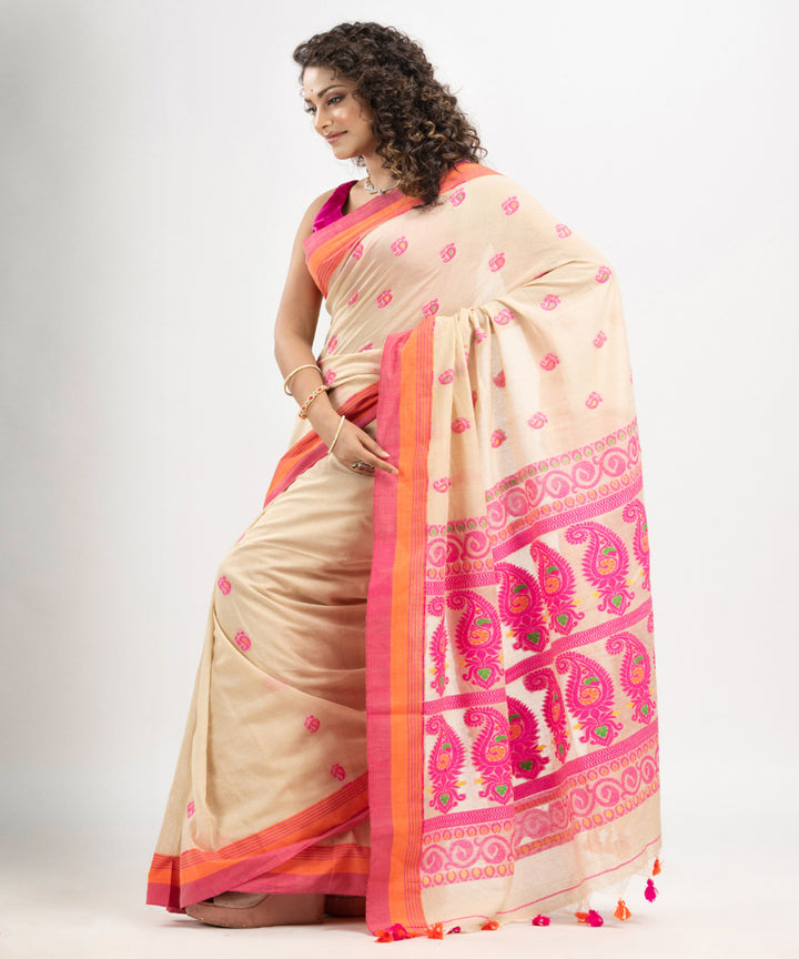 Beige pink orange cotton handloom jacquard saree