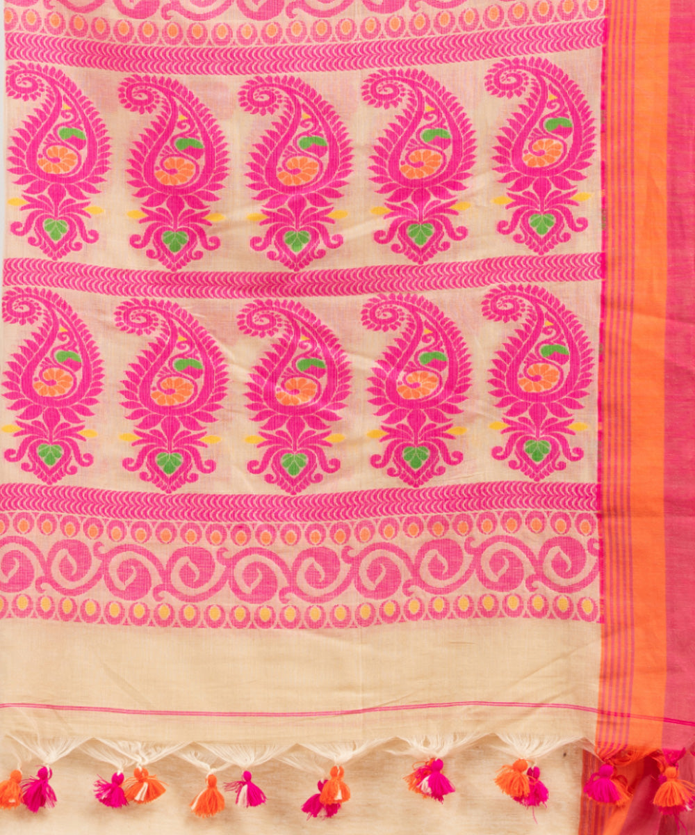 Beige pink orange cotton handloom jacquard saree