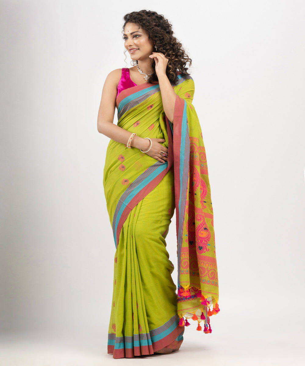 Pear Green red cotton handloom jacquard saree