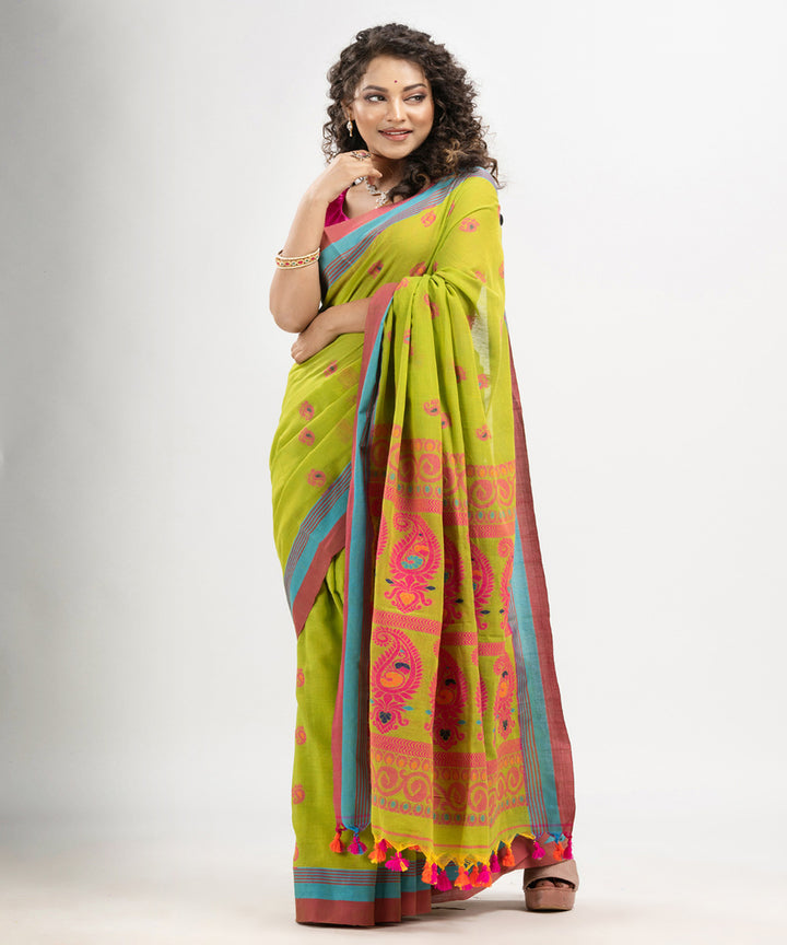 Pear Green red cotton handloom jacquard saree