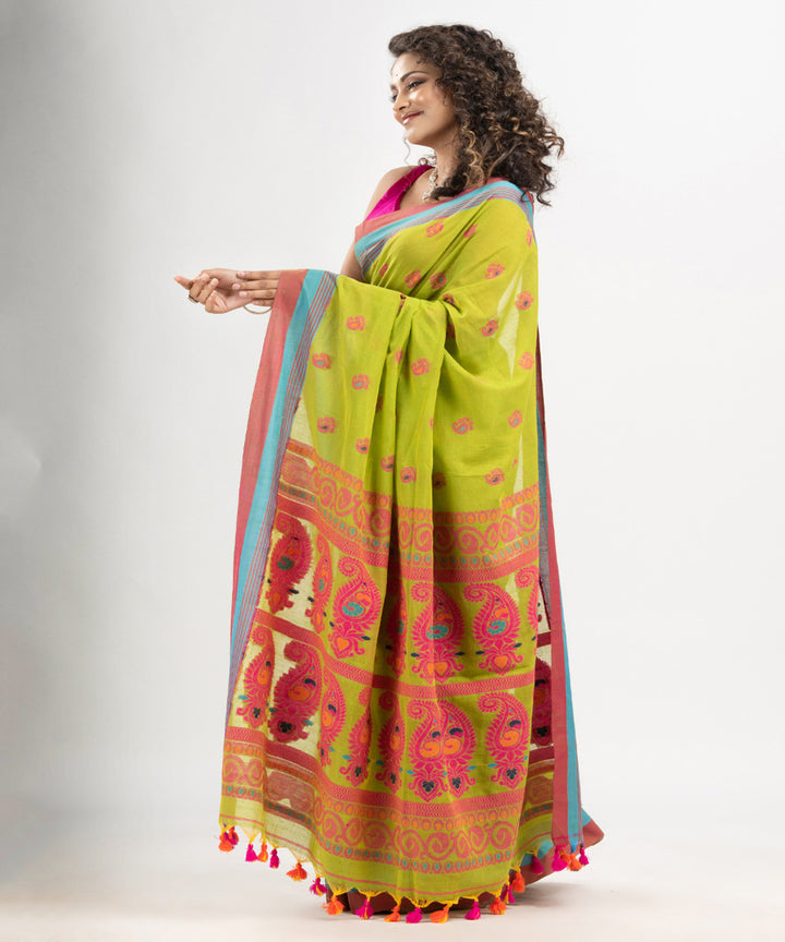 Pear Green red cotton handloom jacquard saree