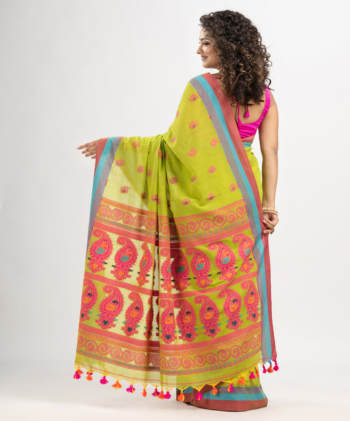 Pear Green red cotton handloom jacquard saree