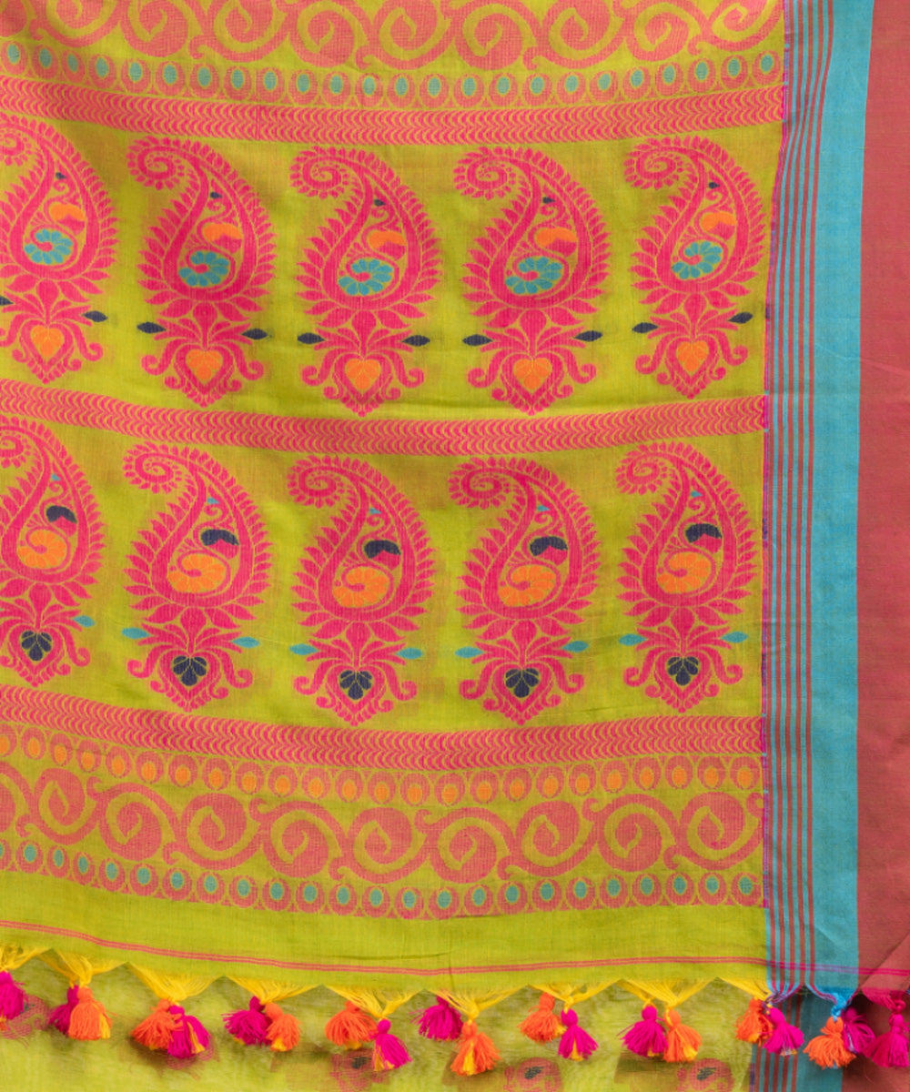Pear Green red cotton handloom jacquard saree