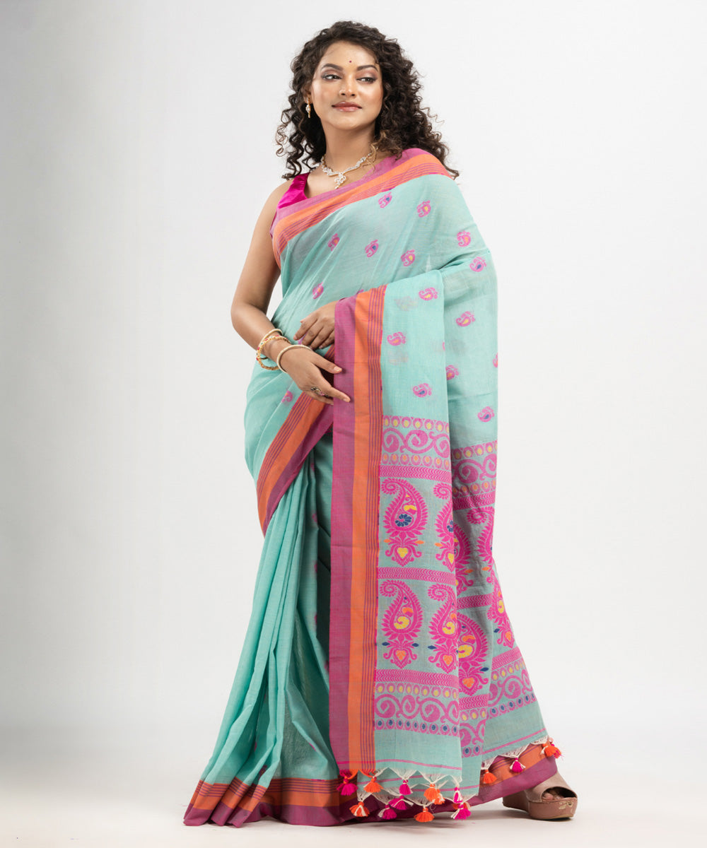 Middle blue pink cotton handloom jacquard saree
