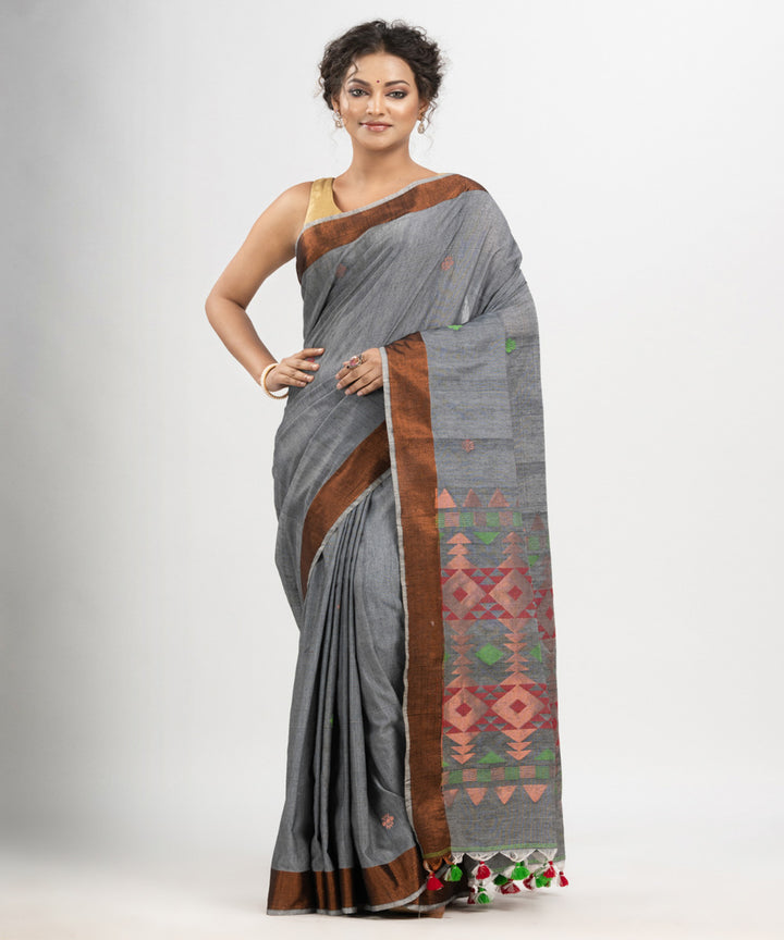 Grey cotton handloom jacquard saree