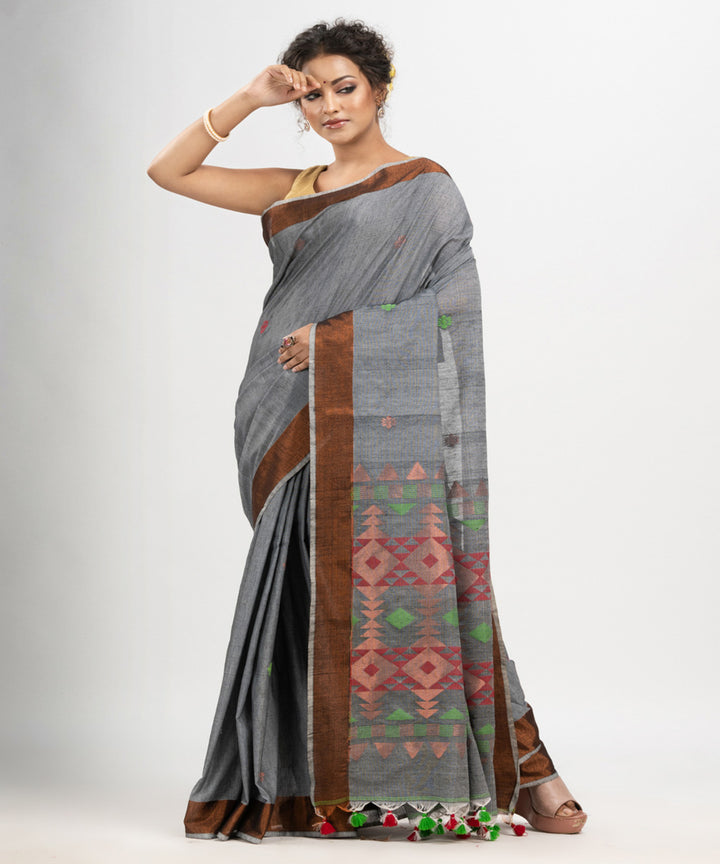 Grey cotton handloom jacquard saree