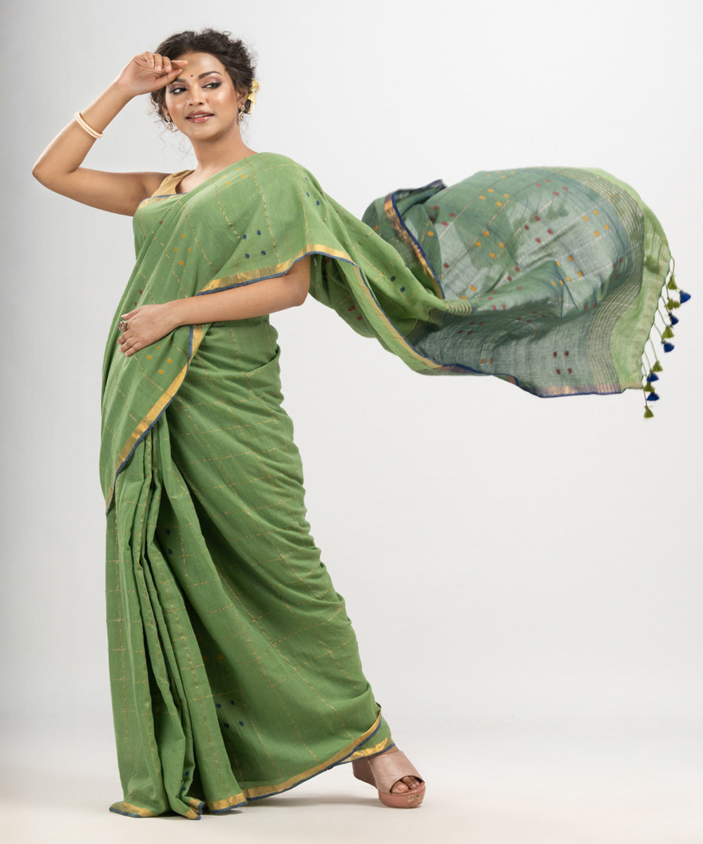 Fern green cotton golden zari stripes handloom saree