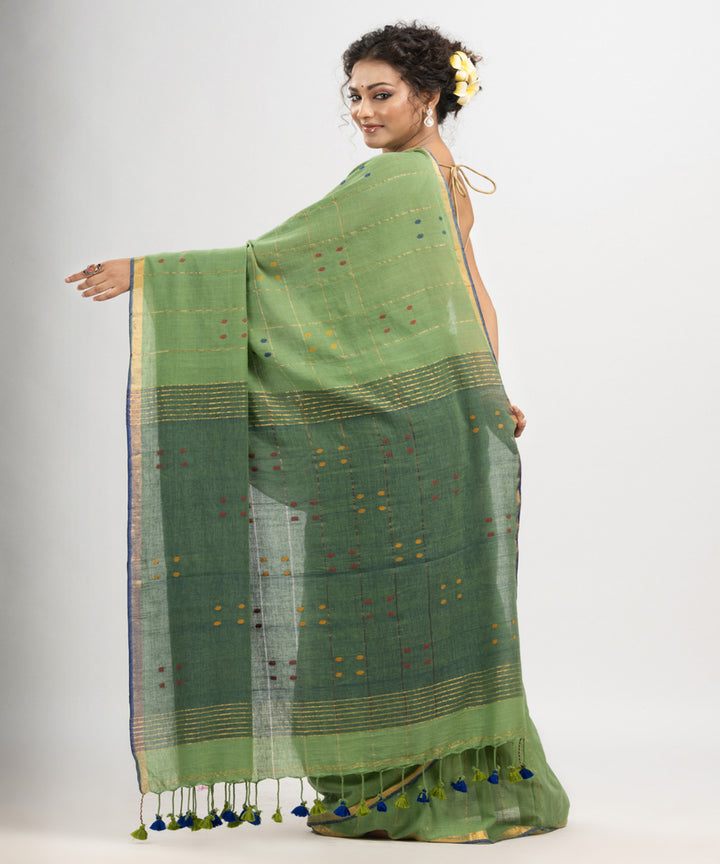 Fern green cotton golden zari stripes handloom saree