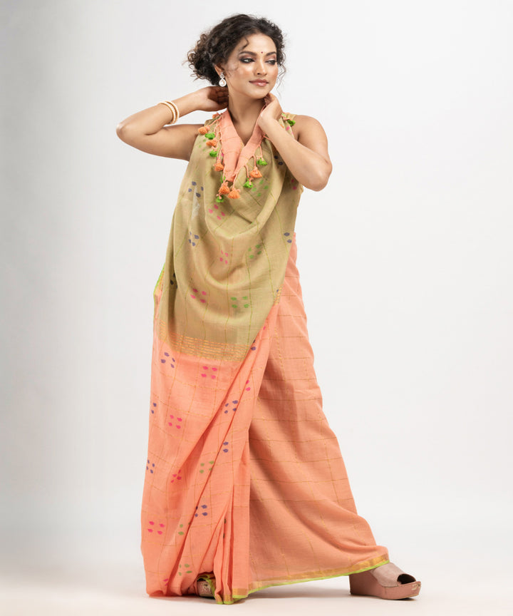 Petite peach cotton golden zari border handloom saree