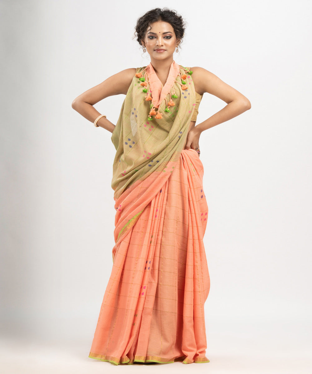 Petite peach cotton golden zari border handloom saree