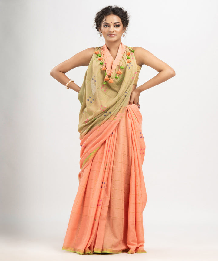 Petite peach cotton golden zari border handloom saree