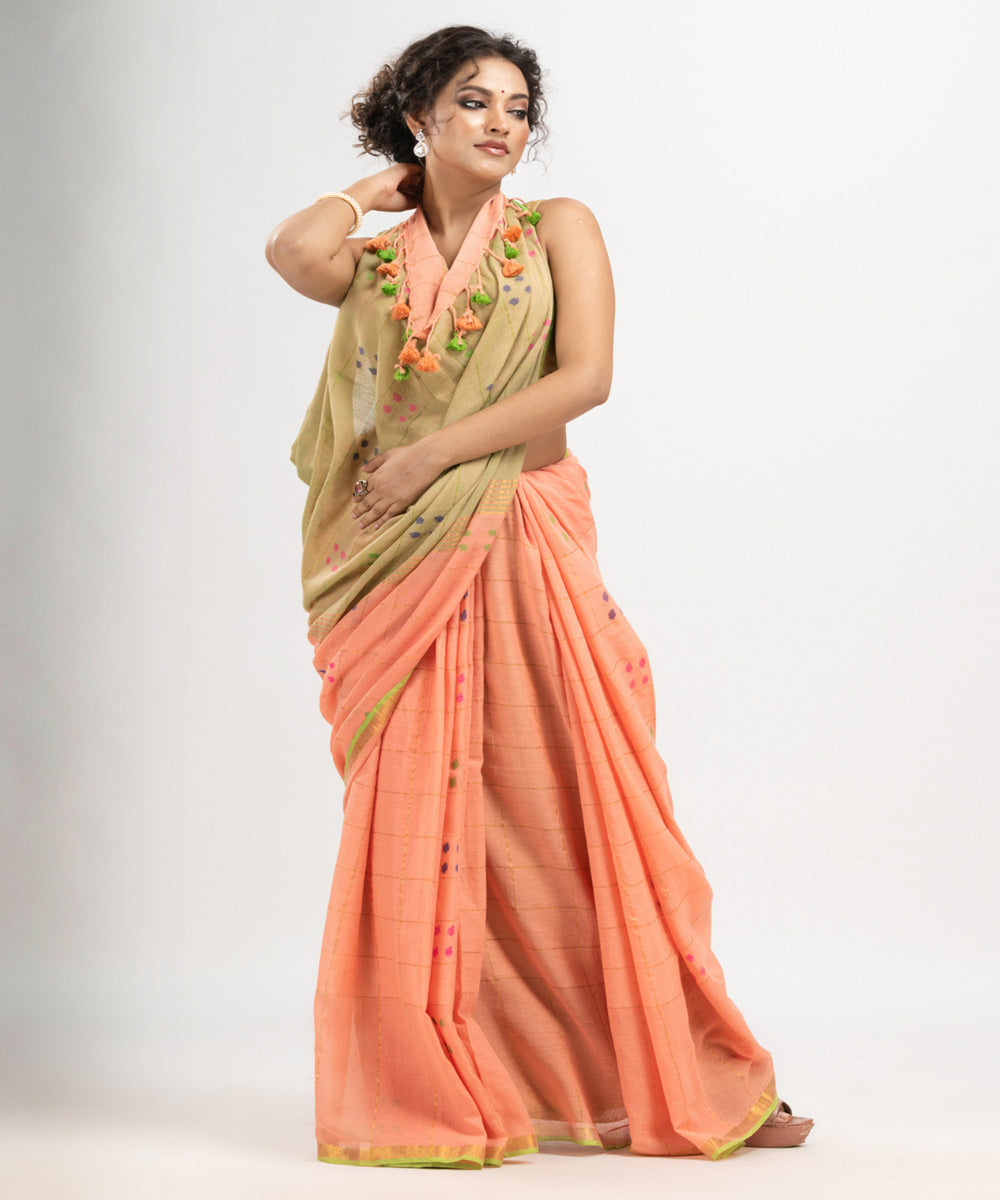 Petite peach cotton golden zari border handloom saree