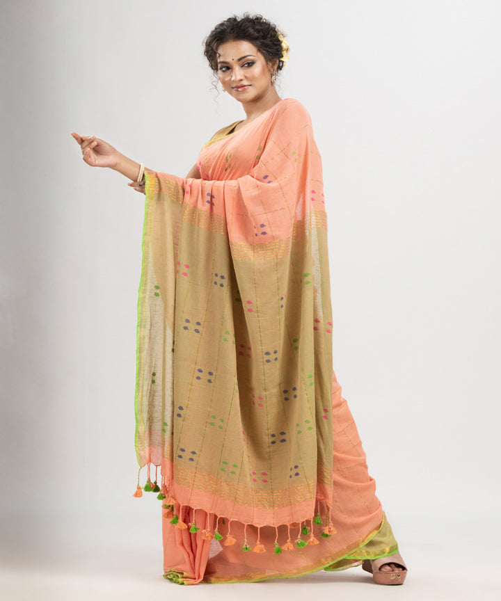 Petite peach cotton golden zari border handloom saree