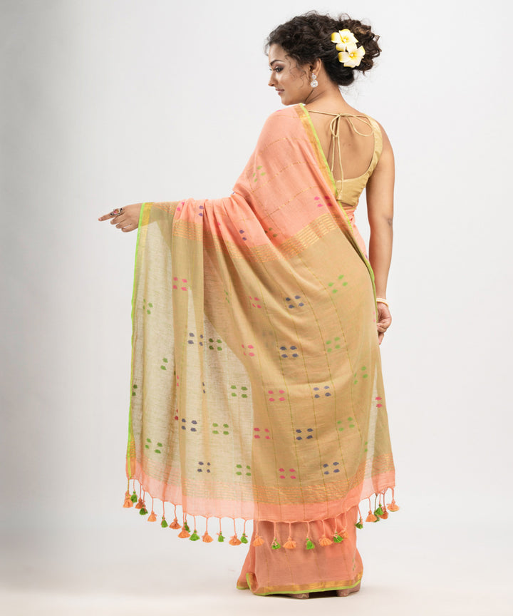 Petite peach cotton golden zari border handloom saree