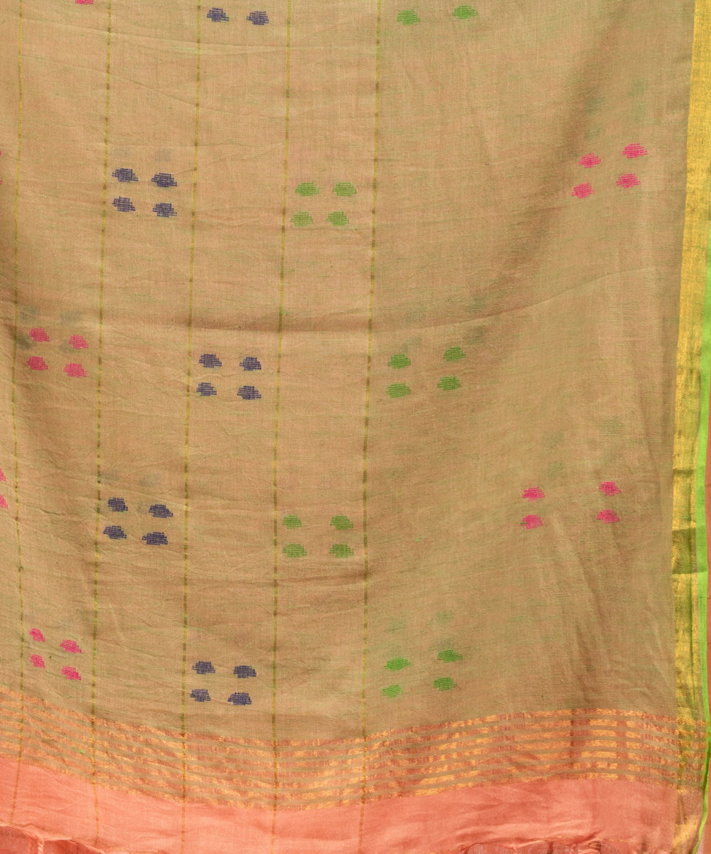 Petite peach cotton golden zari border handloom saree