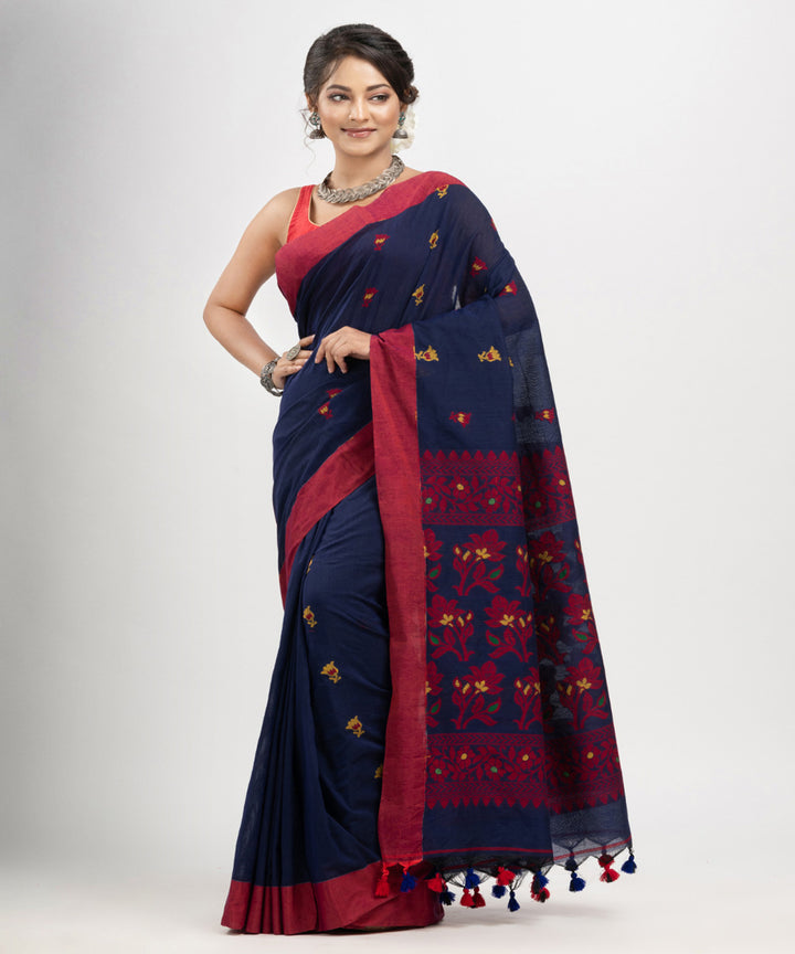 Navy blue red cotton handloom jacquard saree