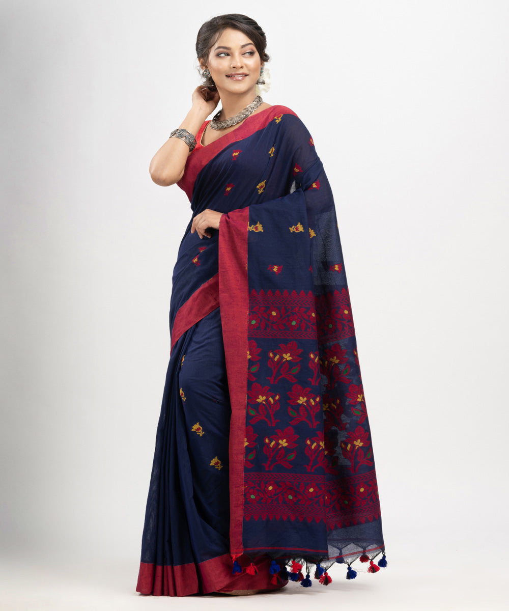 Navy blue red cotton handloom jacquard saree