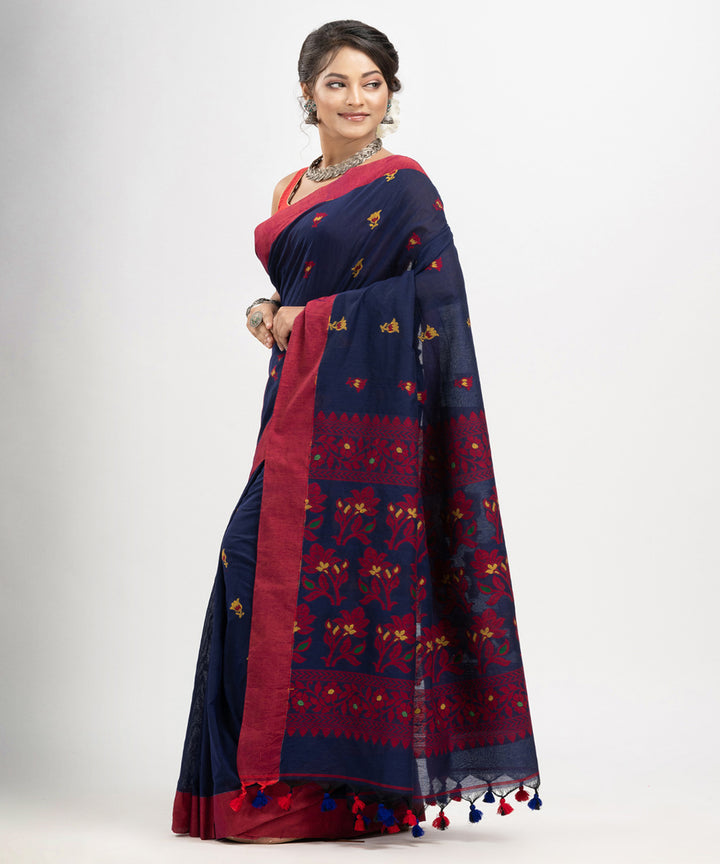 Navy blue red cotton handloom jacquard saree