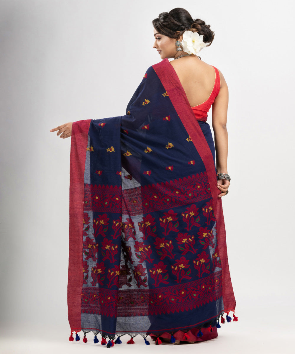 Navy blue red cotton handloom jacquard saree