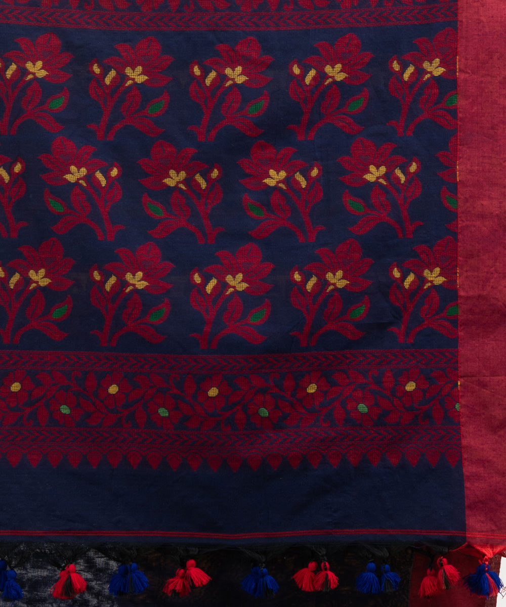 Navy blue red cotton handloom jacquard saree