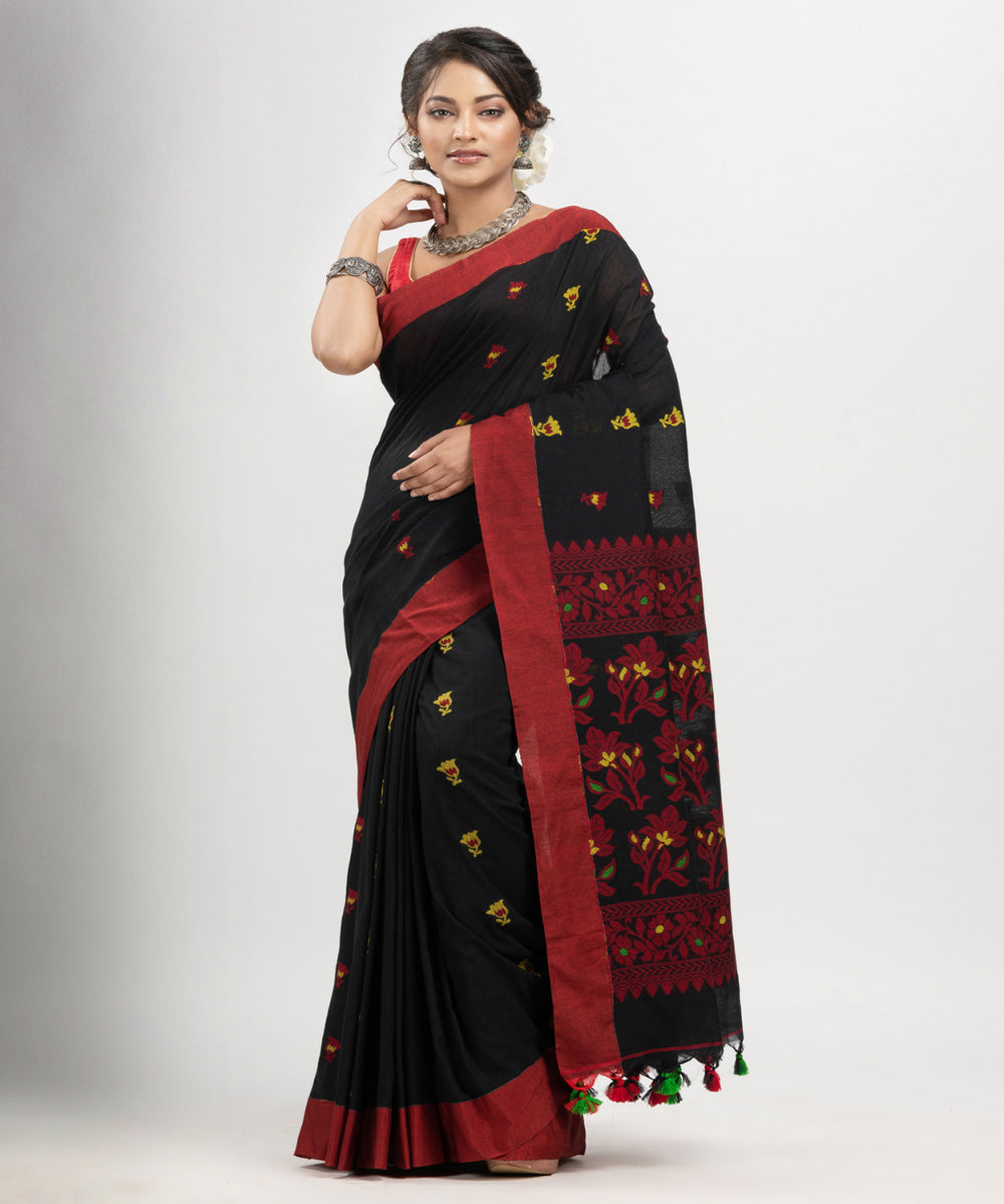 Black red cotton handloom jacquard saree