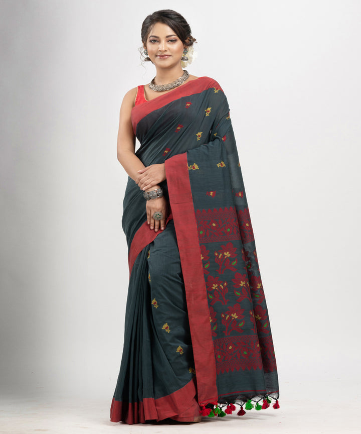 Grey red cotton handloom jacquard saree