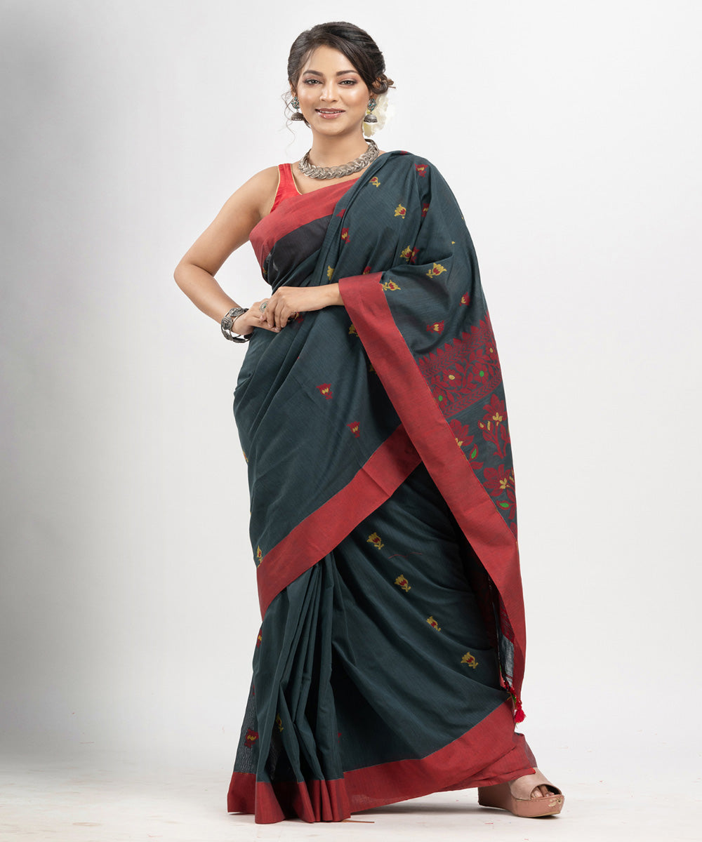 Grey red cotton handloom jacquard saree