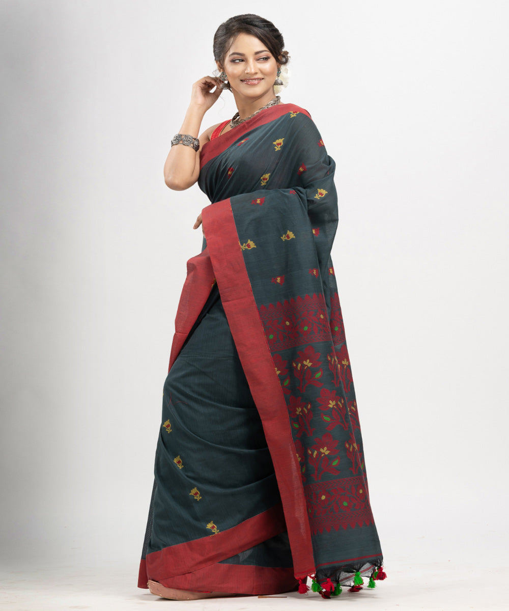 Grey red cotton handloom jacquard saree