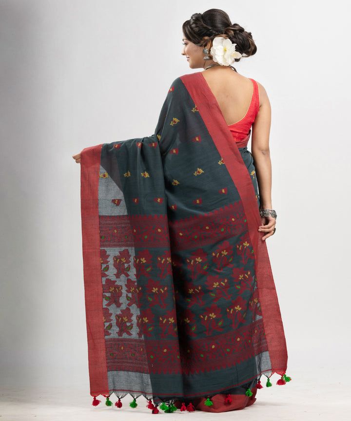 Grey red cotton handloom jacquard saree